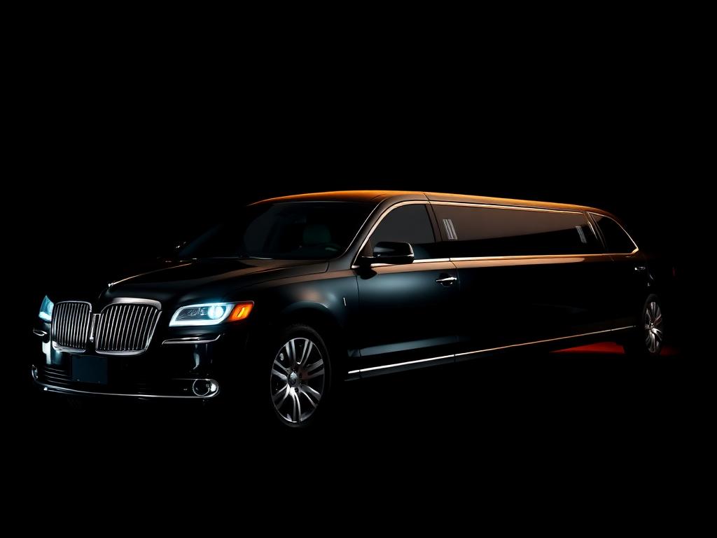 Black Lincoln stretch limousine in low warm light