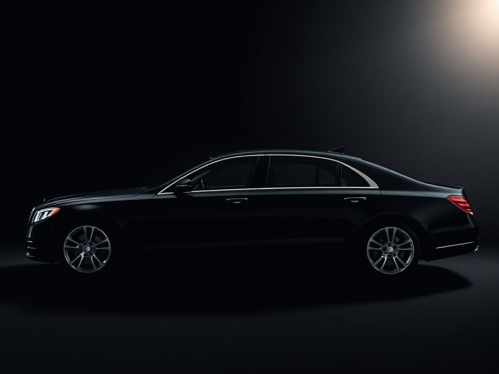 Black luxury sedan in profile under soft studio light