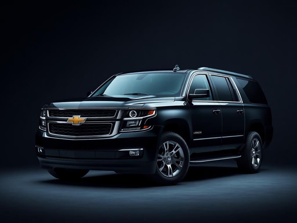 Black 2025 Chevrolet Suburban three-quarter view with warm rim light