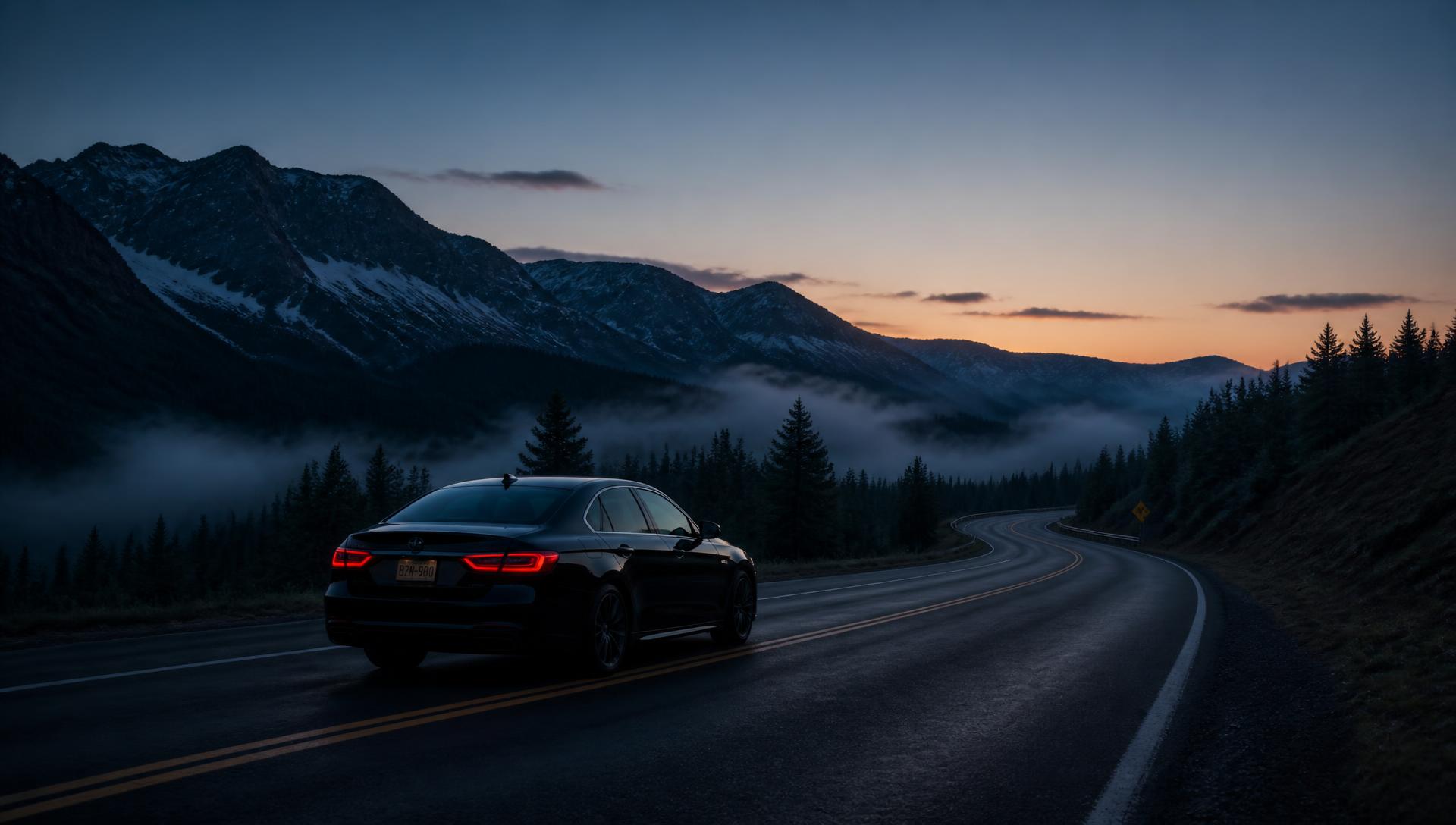 Black luxury sedan on a misty pre-dawn Colorado mountain highway